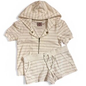 🍦 LARGE Juicy Couture Cream Gold Stripes Short Sleeve Zip Up Hoodie Shorts Set